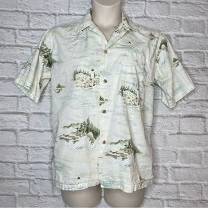 Vintage L.L. Bean Lighthouse Print Button Up Shirt Men’s L Short Sleeve Cotton
